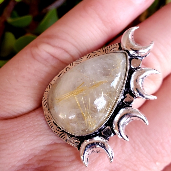 New Witchy Golden Rutile Multi Horned Crescent Moon 925 Silver Ring. - Picture 9 of 12